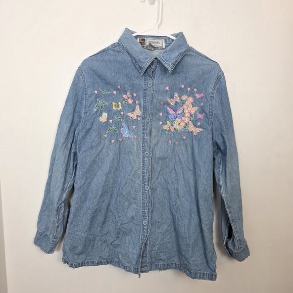 Passion-I Denim Pink Butterfly Embroidered Button Up Long Sleeve Shirt Size L - Picture 1 of 7